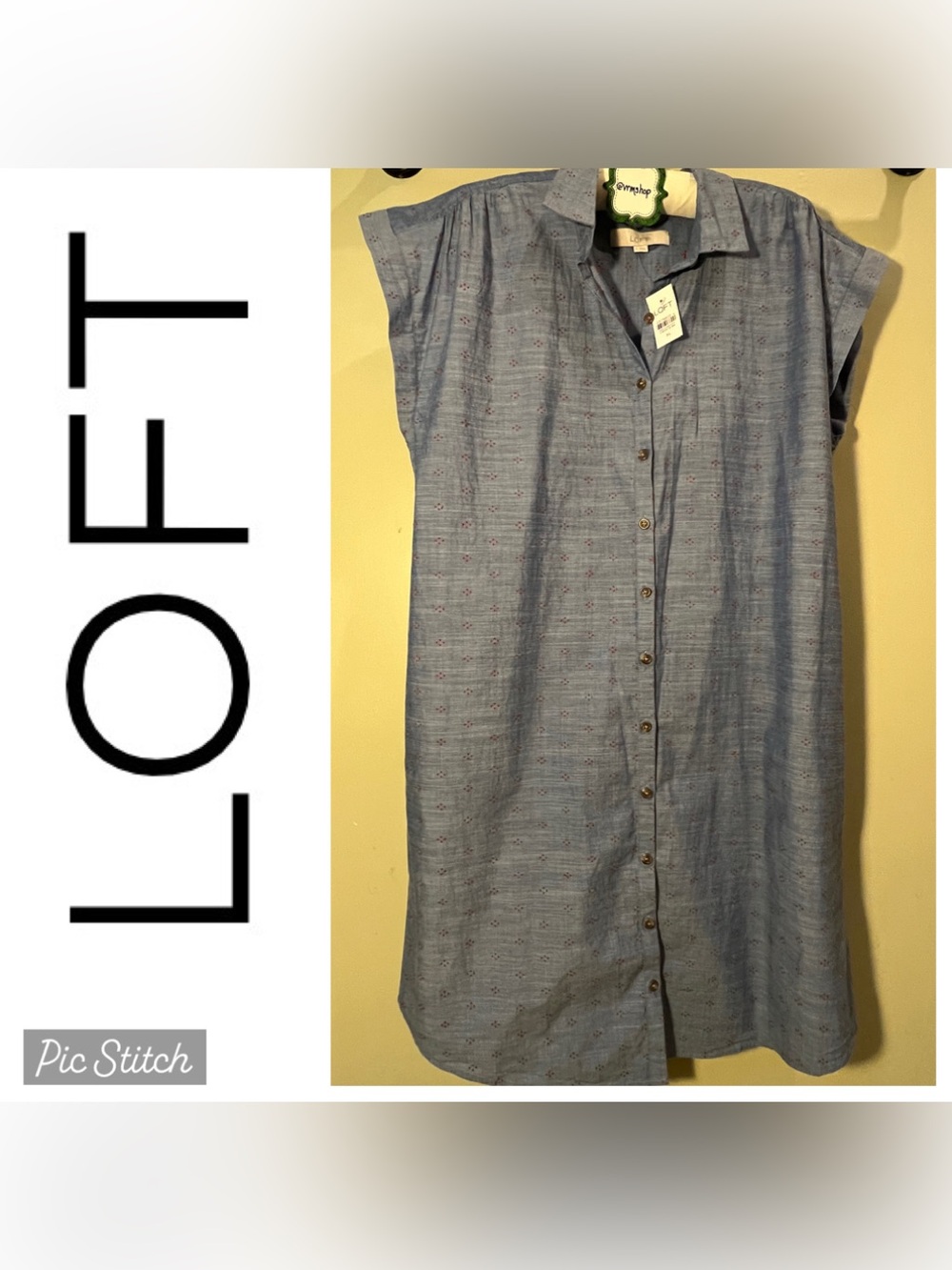 NWT LOFT Adorable Embroidered Denim-look Shirt Dress, with lining & cap sleeves.
